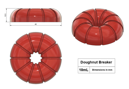 10mL Pie Breaker silicone mold shape with dimensions in millimeters - top, side, and isometric views.