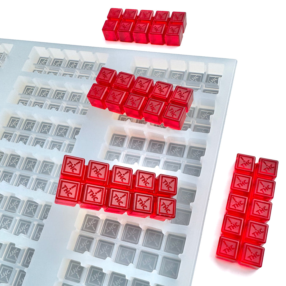 10mL multidose singles breaker bar silicone mold featuring Colorado, Ohio, Florida, and New Mexico logo designs for commercial gummy manufacturing and depositor-compatible production systems. Each breaker bar separates into 10 equal 1mL pieces for consistent volume control and precision portioning in confectionery production.