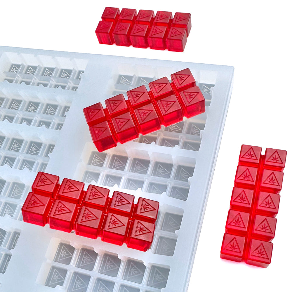 10mL cube breaker bar gummy silicone mold with New Jersey design for automated candy depositing equipment and OEM confectionery manufacturing. In the confectionery industry this style is known as “singles,” featuring multidose breaker bars that separate into 10 equal pieces with consistent volume and portion control.