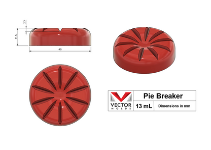 13mL Pie Breaker silicone mold shape with dimensions in millimeters - top, side, and isometric views.