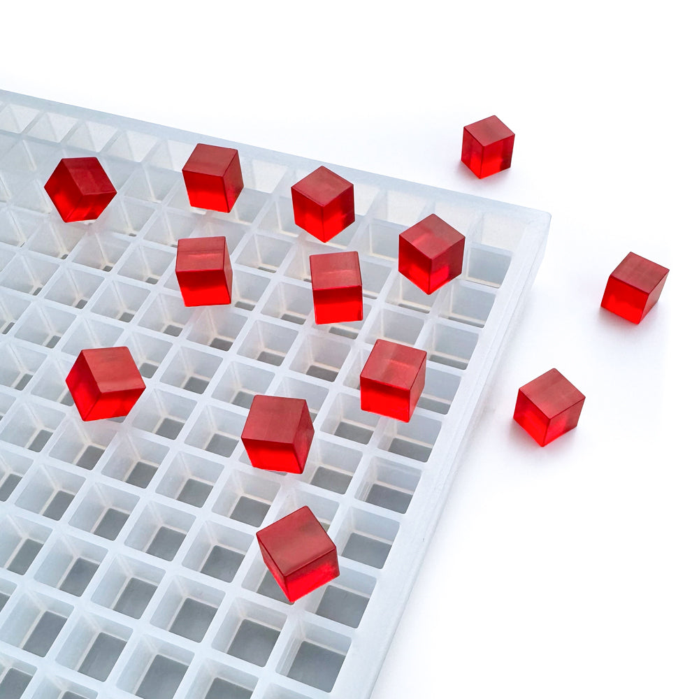 1mL Cube food grade silicone gummy mold - small but mighty accurate size for accurate doses with 384 cavities per quarter sheet. 4 quarter sheets per industrial sheet pan.