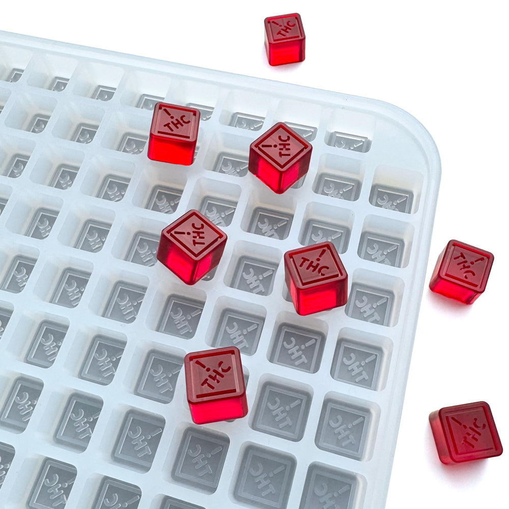 2 mL square gummy mold with compliant THC warning logo for CO, OH, NM, and FL – flood and scrape silicone mold for regulated market gummy production.