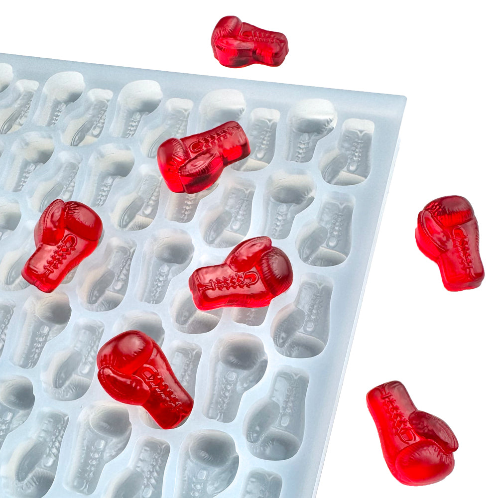 Half sheet 2mL boxing gloves silicone mold designed for industrial food-grade silicone manufacturing, nutraceutical gummy production, commercial confectionery tooling, and commercial confectionery tooling. Perfect for Hand Pour, flood and scrape production