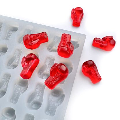 Custom food-grade silicone boxing glove gummy mold, 4ml detailed cavities, shown with red EPOXY gloves, perfect for candy and wellness production, for flood & scrape, hand pour.