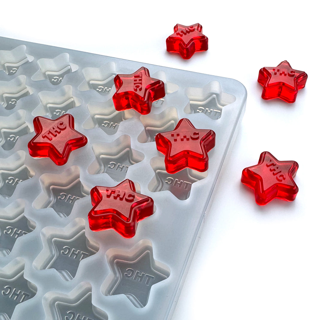 4ml THC STAR Food grade Silicone Gummy Mold for a HalfSheet Industrial kitchen Sheet pan. Fun Shape with letters that pop. Perfect for hand pouring/flood and scrape. 
