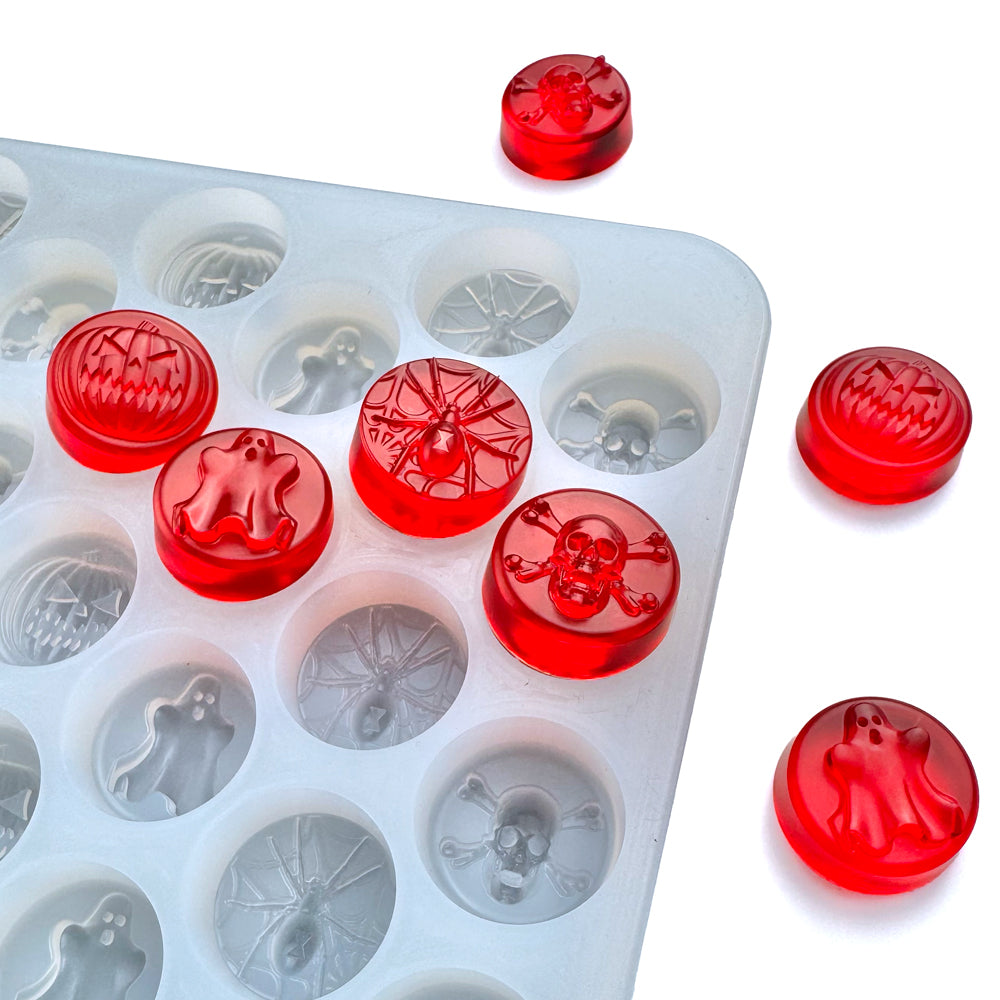 5 mL Halloween gummy mold featuring ghost, skull, spider, and Jack O’Lantern designs – half sheet silicone mold for candy, chocolate, and gummy production.