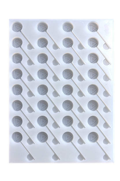 The 6mL NJ Sucker - Depositor by Vector Molds is a white, food-grade silicone mold with 32 lollipop-shaped cavities, each featuring a stick and an embossed triangular symbol on the round part.