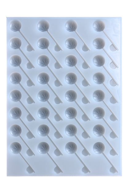 The Vector Molds 6mL Pot-Leaf Sucker - Depositor features 32 pot-leaf-shaped cavities for lollipops, crafted from professional food-grade silicone for easy candy making.