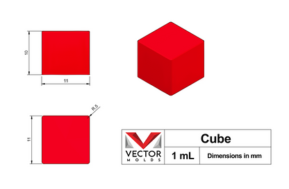 Technical drawing of the Vector Molds 1 mL Cube Gummy Mold - Sharp Full Sheet (1650 cavities) in red platinum silicone, 11x11x10 mm, showing top, side, and perspective views with professional food grade and brand logo.