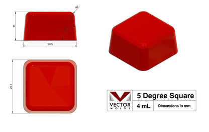 Vector Molds 4 mL Square Gummy Mold - Sharp Half Sheet (204 cavities): food-grade silicone mold with 20.5 mm sides, 11 mm height per cavity; includes technical drawing and 3D view for industrial sheet pan use.