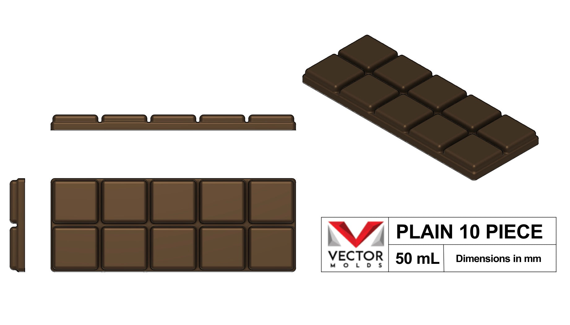 Diagram showing the dimensions of a Vector Molds 50 ml chocolate bar mold made from platinum silicone. The image highlights measurements for length, width, and cavity depth, and notes that the mold is FDA-approved and manufactured using 2026 machining.