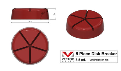 Layout image of the 5 Piece Disk Breaker 3.5 mL mold, showing the final product design design with top, side, and 3D technical views,  that can be separated into evenly portioned pieces for gummies, chocolate, and confectionery production.