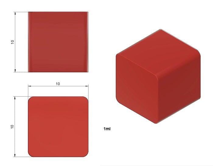 Render with measurements of 1mL Cube food grade silicone gummy mold - small but mighty accurate size for accurate doses with 384 cavities per quarter sheet. 4 quarter sheets per industrial sheet pan.