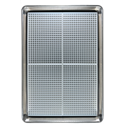 View of 4 molds in a tray of 1mL Cube food grade silicone gummy mold - small but mighty accurate size for accurate doses with 384 cavities per quarter sheet. 4 quarter sheets per industrial sheet pan.