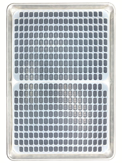 2 molds in Industrial Sheet Pan. 4 mL Oklahoma and Oregon State Compliance symbol Rounded Brick Silicone Mold. Perfect for hand pouring or flood and scrape gummy manufacturing. Precision made for precise dosing. Food grade and oven/dishwasher safe molds.