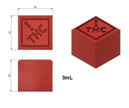 Rendering with measurements of 3 mL Square Gummy Slab Piece - CO, OH, NM & FL regulatory Logo Mold - Half Sheet - Food grade silicone mold for accurate dosing every time. 